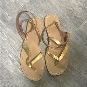 Zara Metallic Gold and Tan Strappy Flat Sandals Size 10